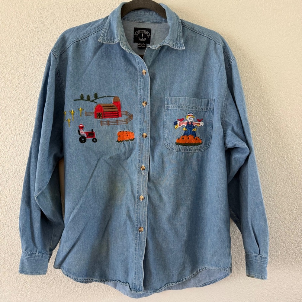 Vintage Solutions Blue Denim Shirt L Fall Pumpkin Scarecrow Halloween Grannycore